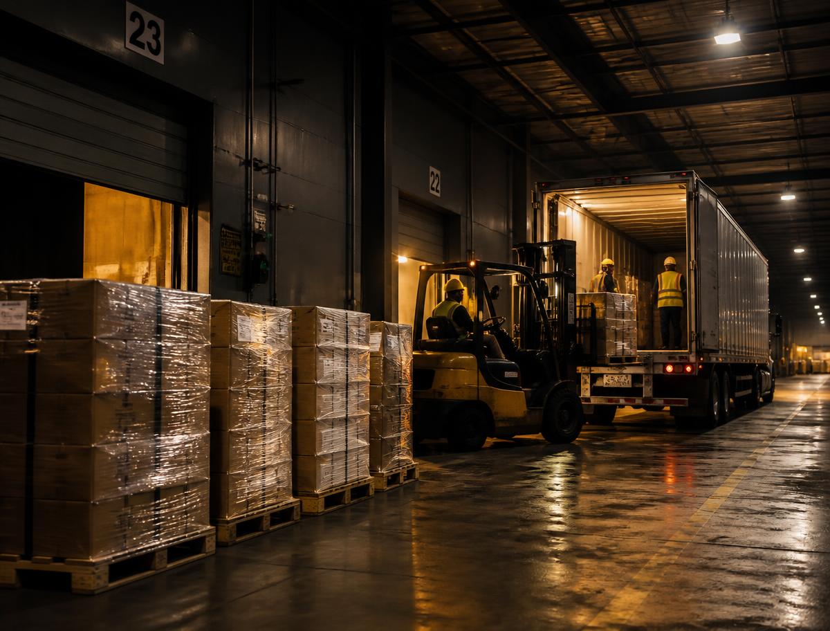Crew loading staged palletized freight into a trailer at an outbound warehouse dock