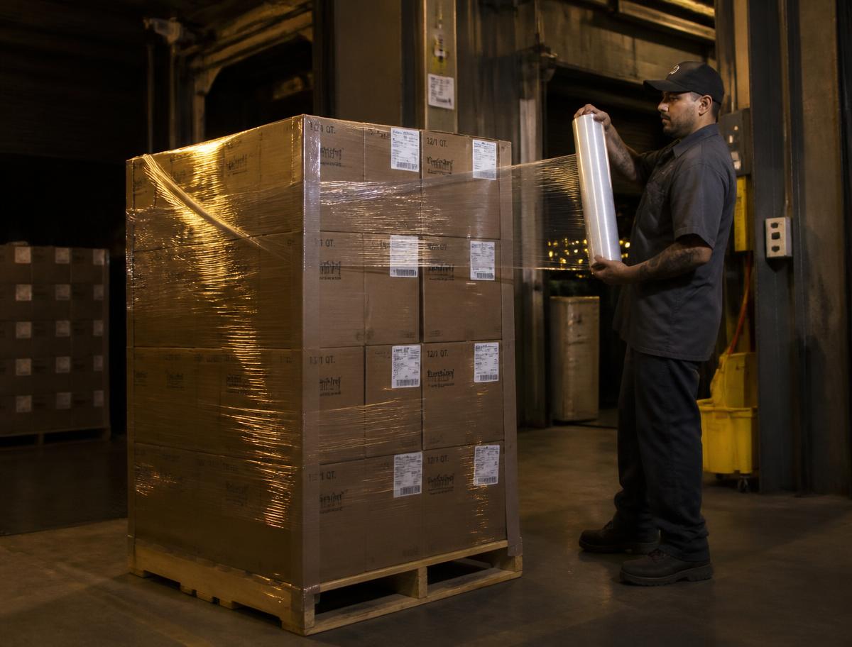 Freight handler stretch-wrapping a newly built pallet of cartons in a warehouse staging area